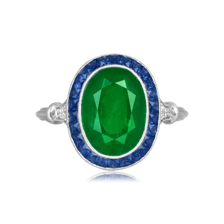 3.28ct Oval Cut Emerald and Sapphire Halo Oswego Ring