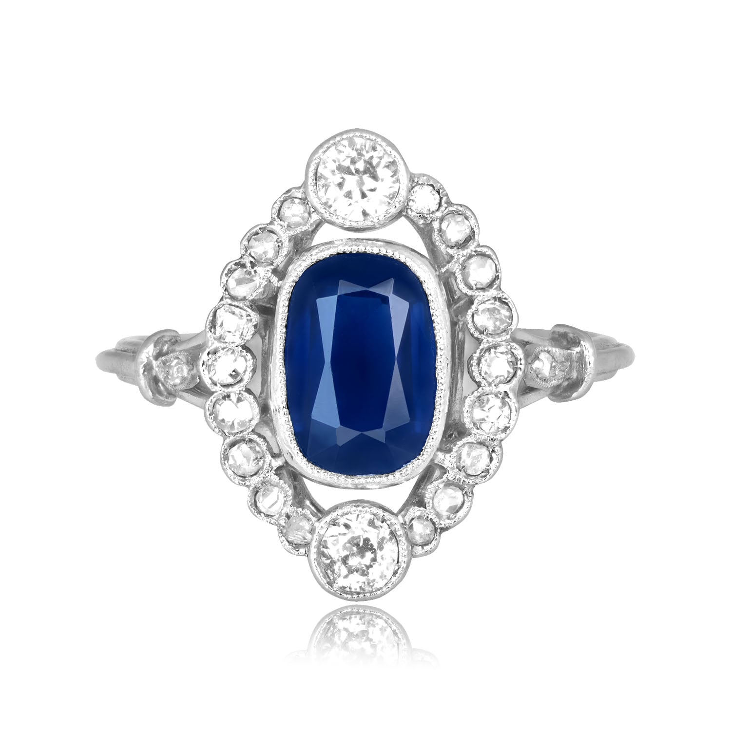 Stacked from 35 images. Method=C (S=1) Edwardian era 1.50 carat cushion cut sapphire and diamond Bayfield Ring 16458 TV