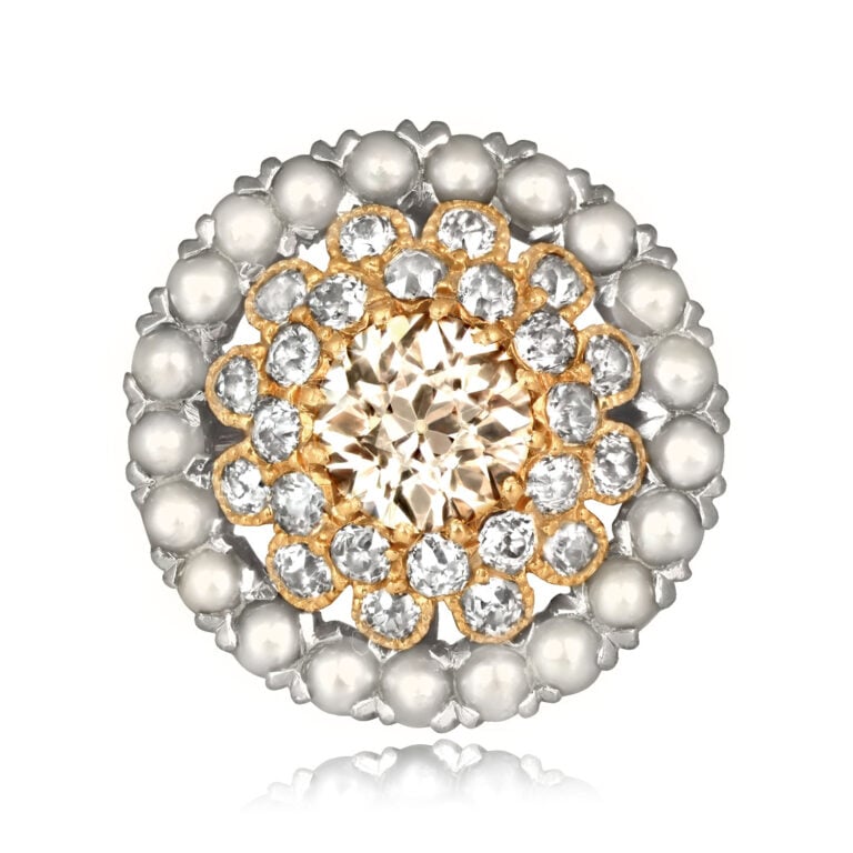 Edwardian GIA 1.25ct Champagne Diamond and Pearl Scofield Ring, Circa 1900