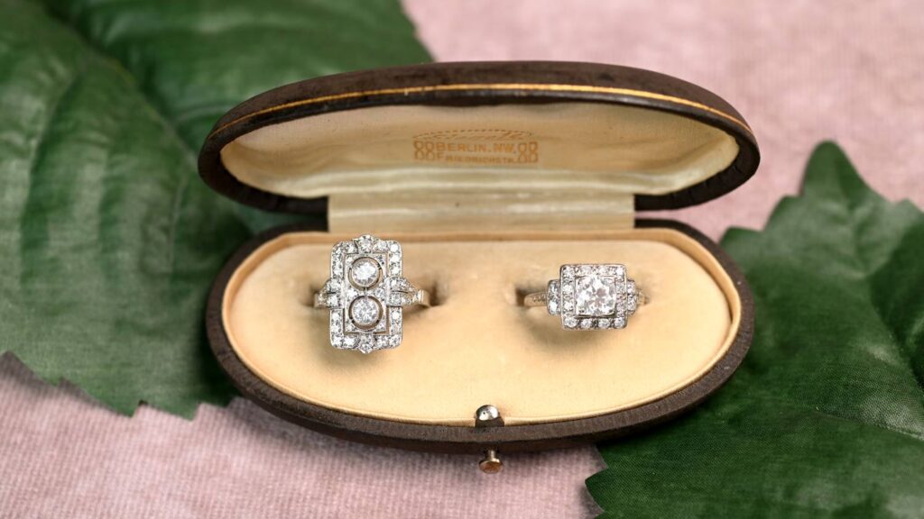 2 Antique Diamond Engagement Rings in Ring Box