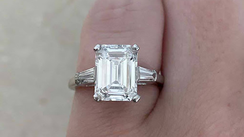 emerald cut diamond platinum ring with baguette cut side diamonds