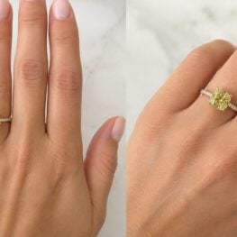 GIA 3.69ct Fancy Yellow Antique Cushion Diamond Eldon Ring 16413 hand photo
