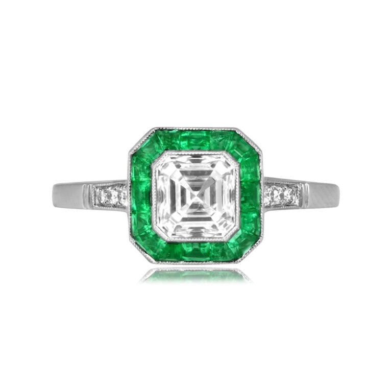 GIA 1.01ct Asscher Cut Diamond and Emerald Wattsville Ring