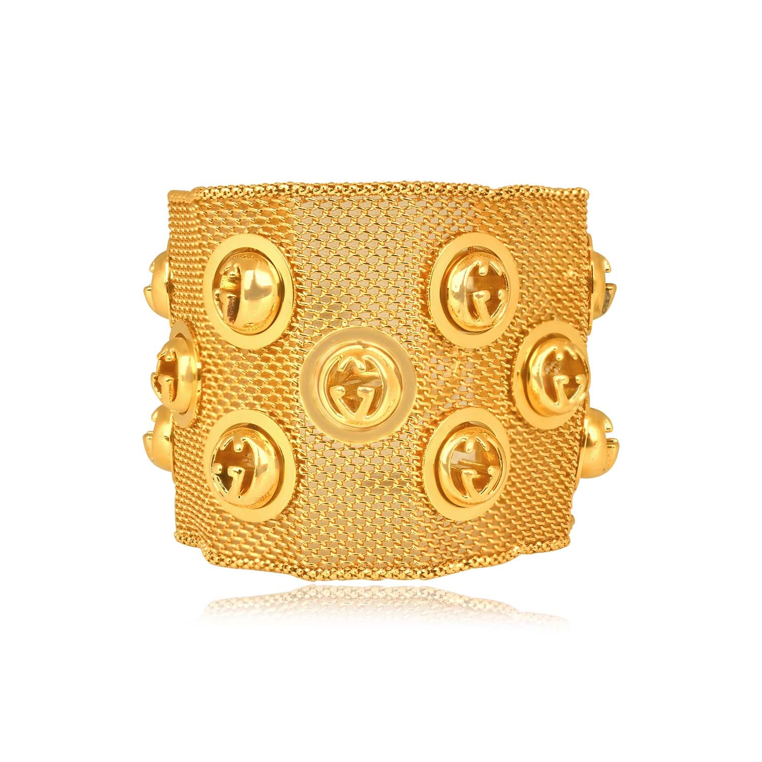 Stacked from 12 images. Method=C (S=1) Italian Gucci 18k Yellow Gold Mesh Cuff Bracelet 16534 TV