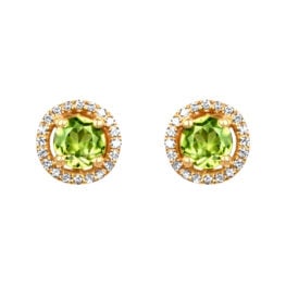 0.54 carat round cut peridot yellow gold halo Overland Earrings 16538 TV