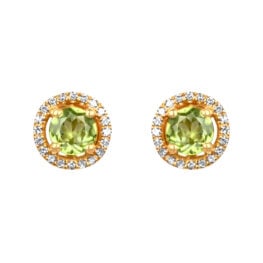 0.54 carat round cut peridot yellow gold halo Overland Earrings 16538 TV