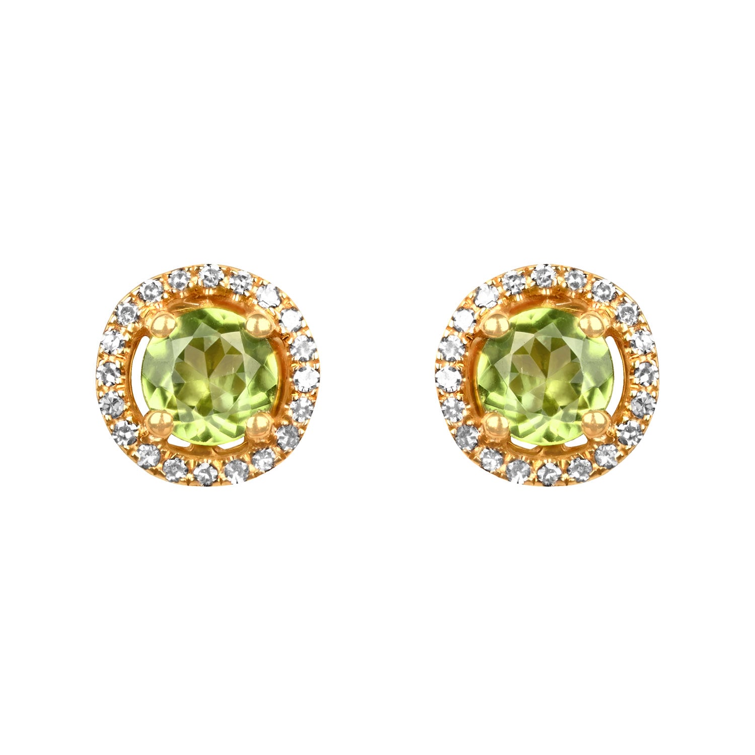 Stacked from 10 images. Method=C (S=1) 0.54 carat round cut peridot yellow gold halo Overland Earrings 16538 TV