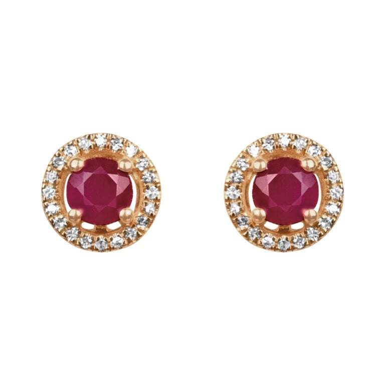 Yellow Gold Ruby and Diamond Halo Satanta Earrings