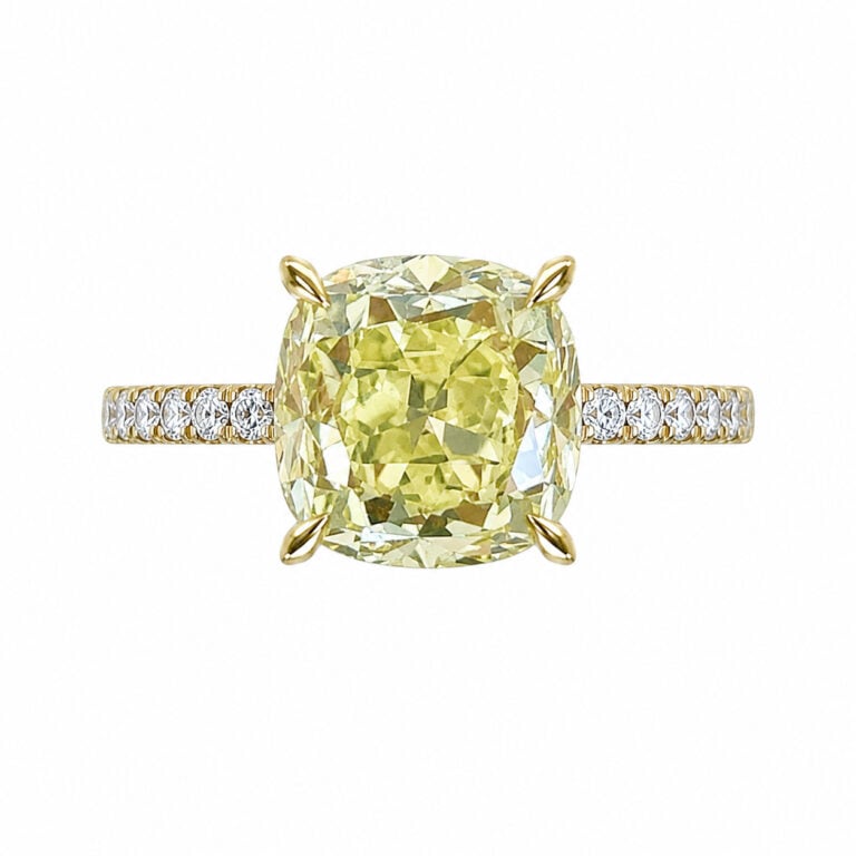 GIA 3.69ct Fancy Yellow Antique Cushion Diamond Eldon Ring