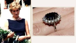 Princess Diana and her sapphire engagement ring on finger close up