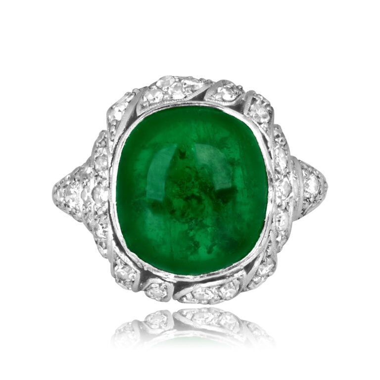 Edwardian Cabochon Emerald and Diamond Sycamore Ring, Circa 1900