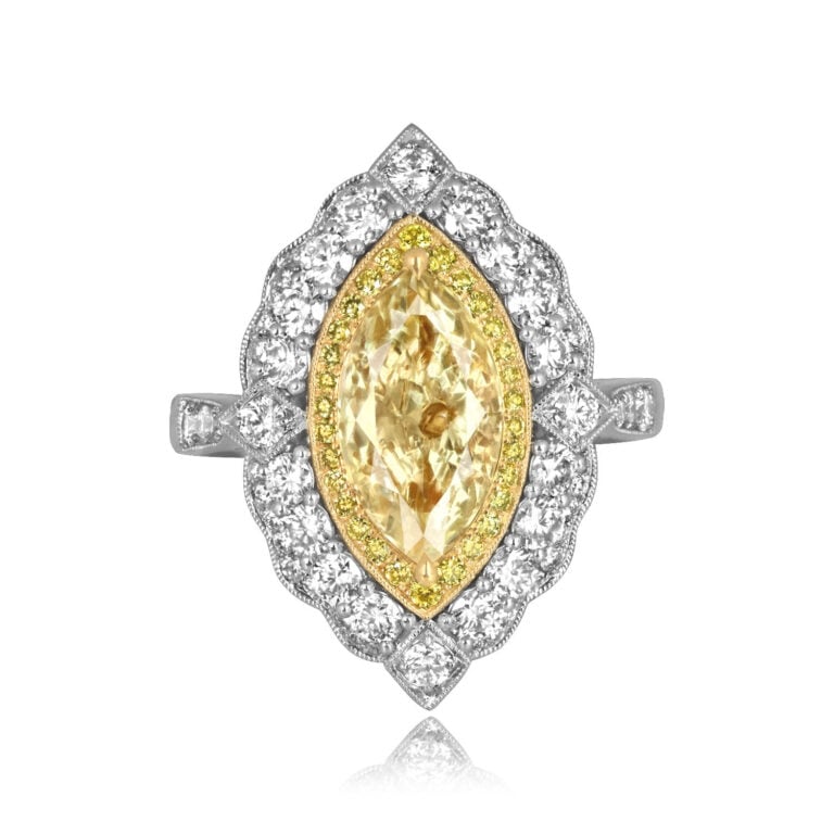 GIA 2.01ct Marquise Cut Light Yellow Diamond Keeline Ring