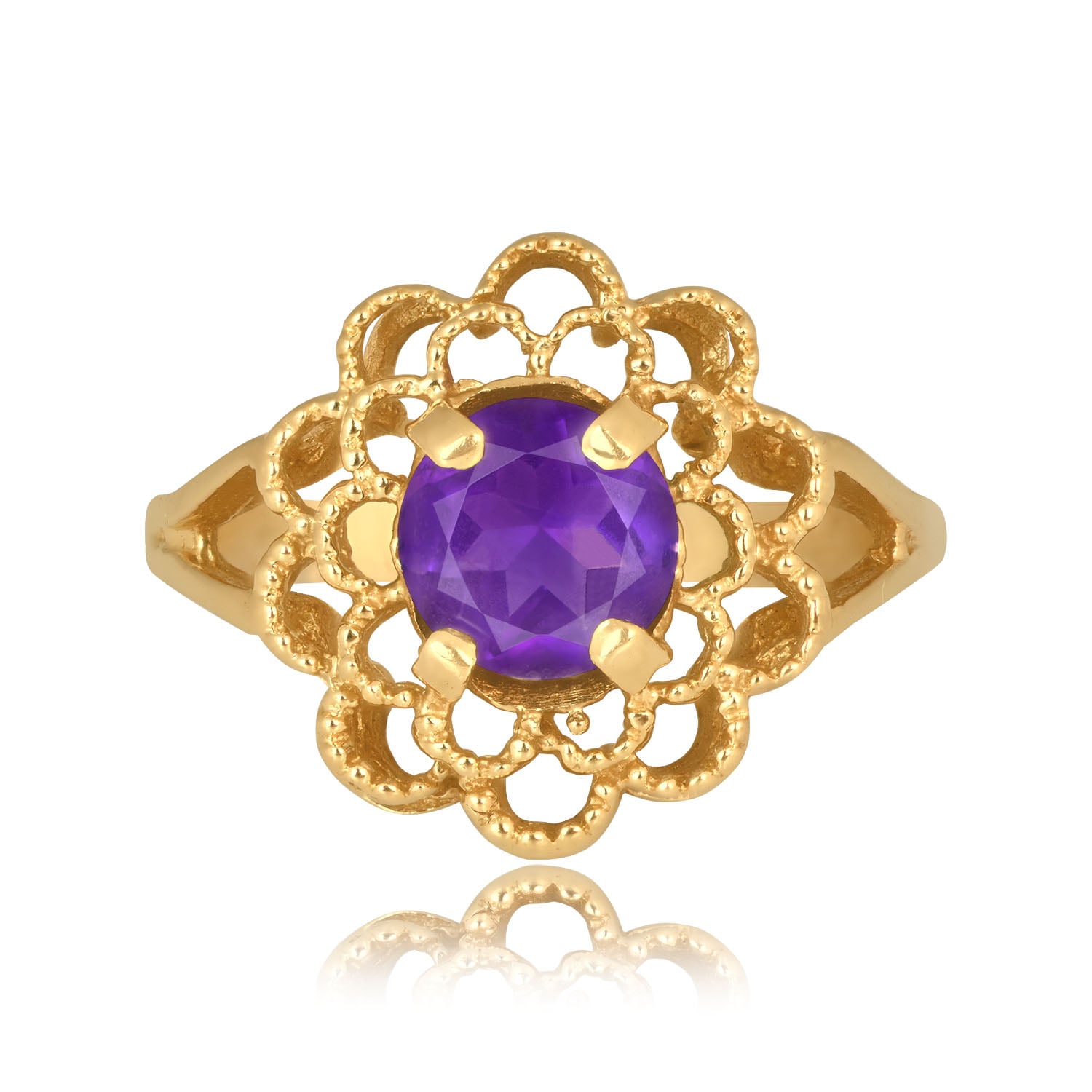 Stacked from 24 images. Method=C (S=1) Vintage 0.70 carat round cut amethyst yellow gold Cassoday Ring 16554 TV