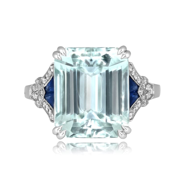 6.30ct Emerald Cut Aquamarine and Sapphire Comet Ring