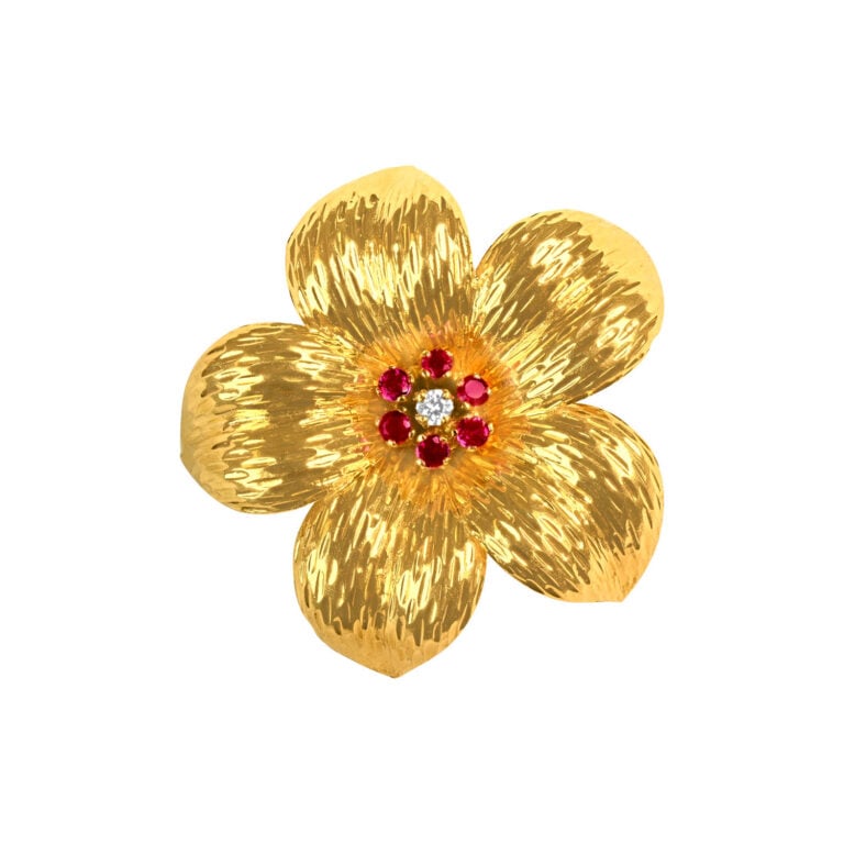 Vintage Tiffany Floral Diamond and Ruby Brooch, Circa 1970