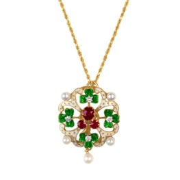 Victorian era ruby, diamond and pearl yellow gold clover Caprock Necklace 16600 TV