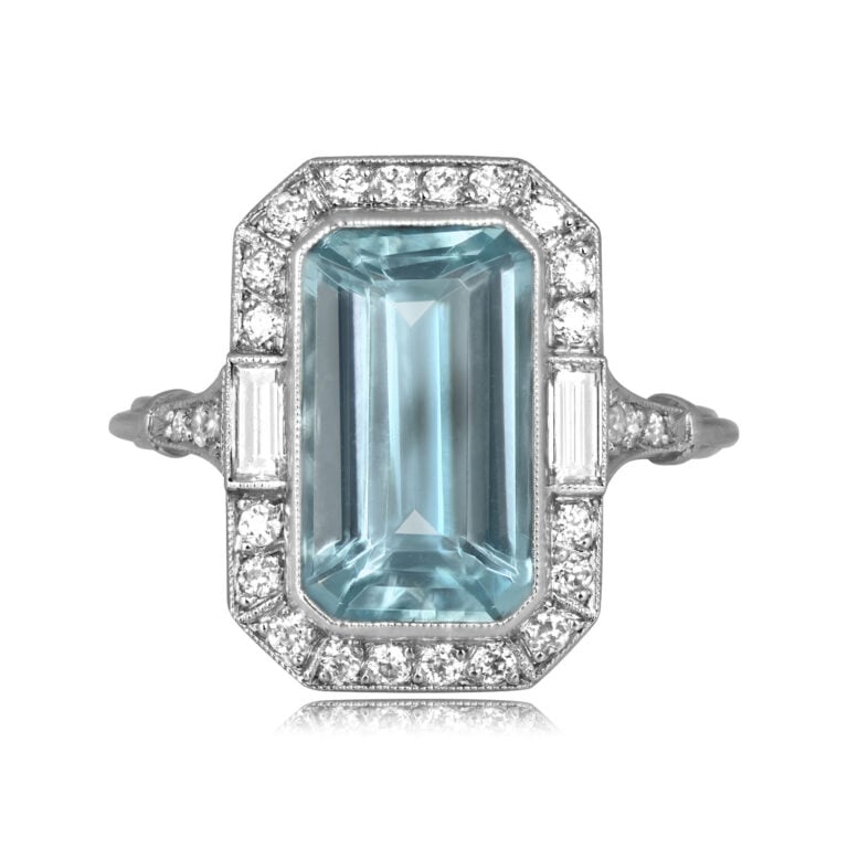 3.95ct Emerald Cut Aquamarine Halo Ring, Galien